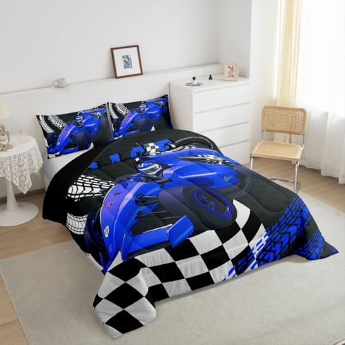Go Kart Toddler Race Car Bed for Boys,Black and White Buffalo Checked Drift Kart Comforter Set Toddler Bedding Set,Square Grid Plaid Lattice Quilt,Blue Karting Extreme Sport Duvet Insert Full