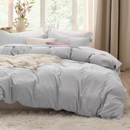 Bedsure Prewashed Duvet Cover Full, Cotton-Like Bedding Set, Light Grey