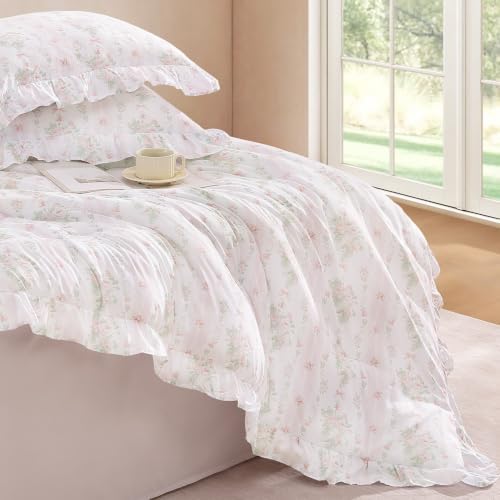 Andency Twin Comforter Set, Pink Bow & Ruffle Bedding, 2 Pieces