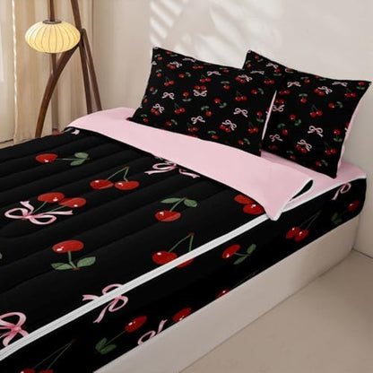 Feelyou Bows Cherry Summer Comforter Set Twin Size Kids Bed in a Bag