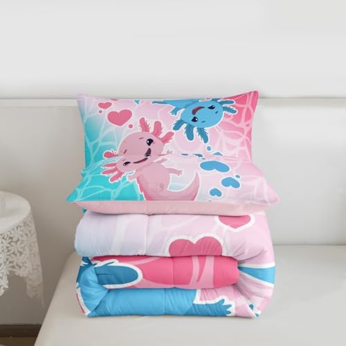 Axolotls Comforter Set Twin Size,Blue Pink Kids Bedding Set 2Pcs with 1 Pillowcase,Ocean Animals Theme Down Comforter Cartoon Lovely Salamander Quilted Duvet Insert for Girls Boys Bedroom Decor