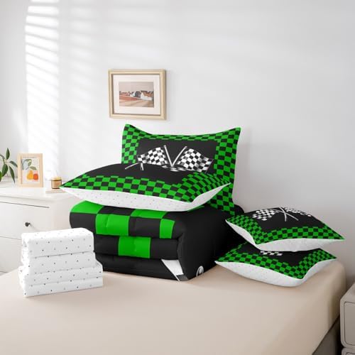 7 Pieces Racing Comforter Set for Kids Green Black White Bedding Set Queen Size,Racing Car Flag Game Theme Comforter for Boys Girls Adult Checkered Flag Super Soft Fade Resistant Microfiber Bedding