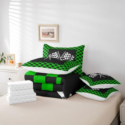 7 Pieces Racing Comforter Set for Kids Green Black White Bedding Set Queen Size,Racing Car Flag Game Theme Comforter for Boys Girls Adult Checkered Flag Super Soft Fade Resistant Microfiber Bedding