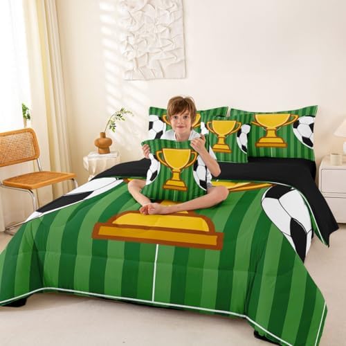 Erosebridal Soccer Gaming Boys Kids Football Court Green King 7-Piece Comforter Set | Sports Theme Playground Sheets and Pillowcases Ball Games Bed in A Bag Striped Geometric Bed Sets
