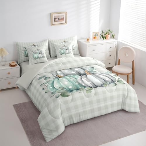 Erosebridal Thanksgiving Day 7 Piece Bedding Set Twin Fall Pumpkins Comforter Set with Sheets Autum Leaves Bed in a Bag Polka Dots Natural Bed Sets Comforter