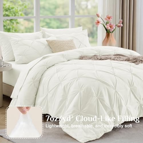 JOLLYVOGUE Queen Comforter Set 7 Pieces - Bed in a Bag Queen for All Season, Pintuck Bedding Comforter Sets with Comforter, Flat Sheet, Fitted Sheet and Pillowcases & Shams, Ivory
