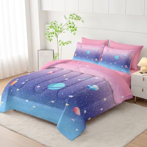 7Pcs Comforter Set Space Planet Multi Color Gradient Printed Bedding Set with 1 Comforter,1 Flat Sheet,1 Fitted Sheet and 4 Pillowcases for Boys and Girls Bedroom All Season(Full)