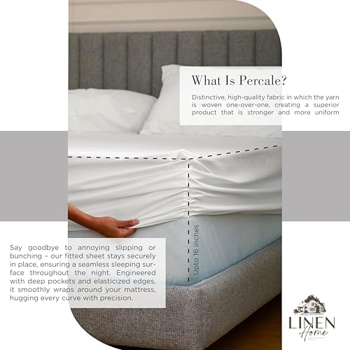 Linen Home 100% Cotton Percale Sheets Twin Size,Snow White, Deep Pocket, 3 Pieces Set - 1 Flat, 1 Deep Pocket Fitted Sheet and 1 Pillowcase, Crisp Cool and Strong Bed Linen