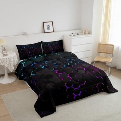 Manfei Honeycomb Comforter Set Twin Size Geometric Hexagon Print Quilt Set Colorful Neon Lights Bedding Comforters 2pcs for Kids Boys Girls Room Decor, Modern Geometric Duvet Set with 1 Pillowcase