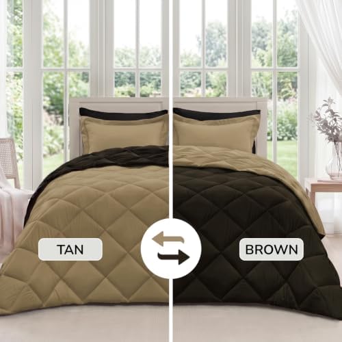 downluxe Full Comforter Set Soft Reversible 7 Pieces, Brown/Tan