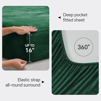 BEDELITE Flannel Sheets Queen Size, Dark Green, 4 Pieces