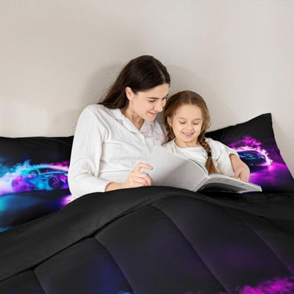 Toddler Comforter Set Boys Room Decor,Cars Bedding Cars Birthday Decorations,Purple Blue Race Car Comforter,Cool Racing Car Duvet Insert for Boys,Extreme Sports Car Gaming for Men Adults,Soft Cozy