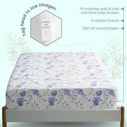 Feather & Stitch Fitted Sheet Only, 100% Cotton 300TC Lightweight Cooling & Breathable Percale Weave Fitted Sheet 16" Regular Elastic Deep Pocket Soft Bedding Mattress (King, Violet Breeze)