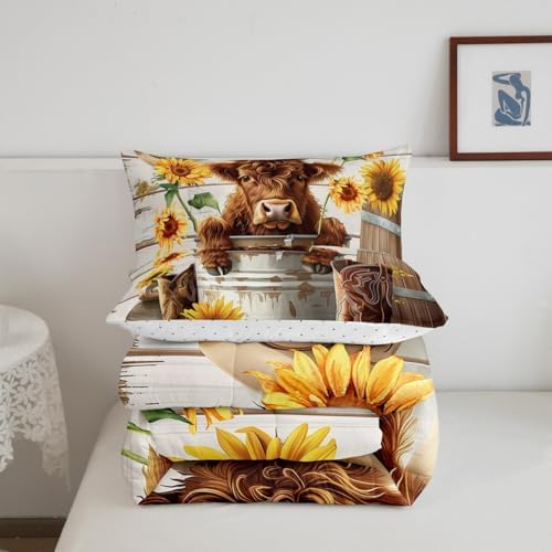 jejeloiu Funny Highland Cow Comforter Set Queen Size Kids Highland Cattle Sunflower Bedding Set Boys Girls Farmhouse Rustic Duvet Breathable Western Quilt Bedroom Decor,1 Comforter with 2 Pillowcase