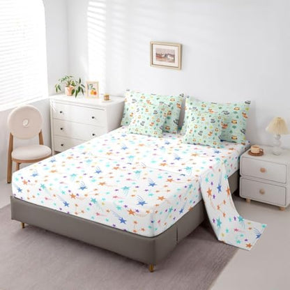 Feelyou Cute Fox Owl 7 Piece Bedding Set Zoo Animal Comforter Set with Sheets for Kids Boys Girls Cute Flower Bed in a Bag Green Orange Bed Set Soft Lightweight