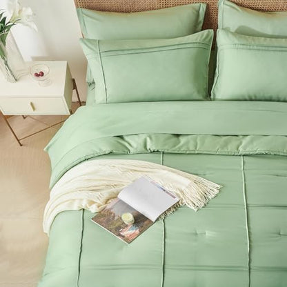Yogeneg King Size Comforter Set 7 Piece Bed in a Bag,Grid Pinch Pleat Sage Green Bedding Set,Striped Textured Soft Microfiber Comforter with Sheet Set,All Season Complete Bed Set(Sage Green,King)