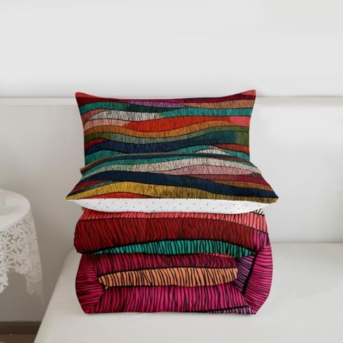 Castle Fairy Rainbow Wavy Comforter Set with 2 Pillowcases,Tribal Ethnic Geometric Super Soft Microfiber Bedding Set for Adults Teens,Colorful Abstract Duvet Set for Room Decor,King