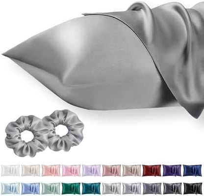 Vielit Standard Satin Pillowcase for Hair 2pc,Similar to Silk Pillow Cases,Easier Care Than Silk Pillowcase,Gifts for Women Men,Grey,20x26 & Envelope Closure and 2 Satin Scrunchies