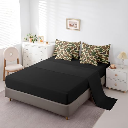 Erosebridal Bass Fish Queen Comforter Set Fishing Camo Bedding Sets 7Pcs Rustic Farmhouse Bed in a Bag Army Camouflage Sheet Set with Comforter Vintage Brown Green Decor Bed Set Outdoor Camping Gifts