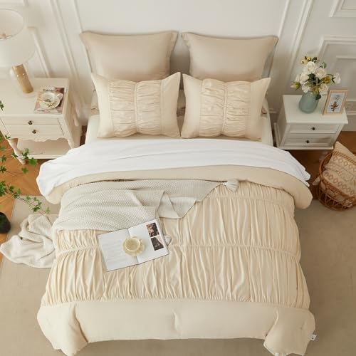 Cupocupa Ruched Ruffle Comforter Set Twin - 2 Piece Wheat Checkered Bedding Set - Aesthetic Cottagecore Ruffled Farmhouse Comforter with 1 Pillow Shams - Soft, Lightweight All Season Bedding