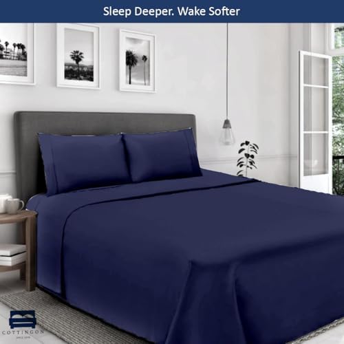 Cottingon 5 PC Split King Sheets Fits 16" Deep, Egyptian Cotton, Navy Blue