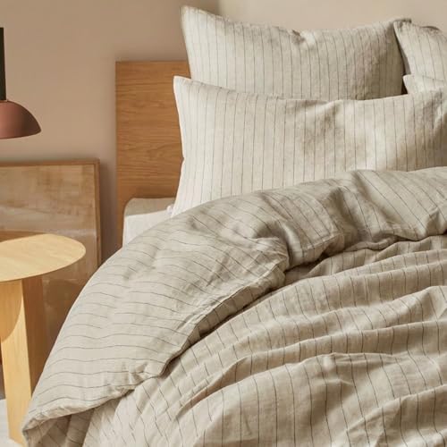 mixinni 3 Piece Striped Duvet Cover Set, Neutral Washed Cotton Linen Blend Bedding, Vintage Stripe Comforter Cover with 2 Pillowcases, Soft Breathable Farmhouse Bed Set for All Season-King Size