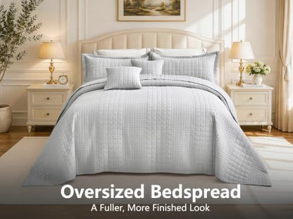 Oversized King Bedspreads 128x120, Grid Stitch, Light Gray