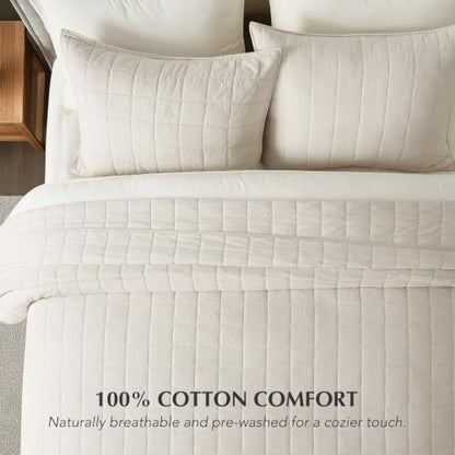 EVERGRACEHOME 100% Cotton Box Stitch Quilt Set, Oversized King, Birch