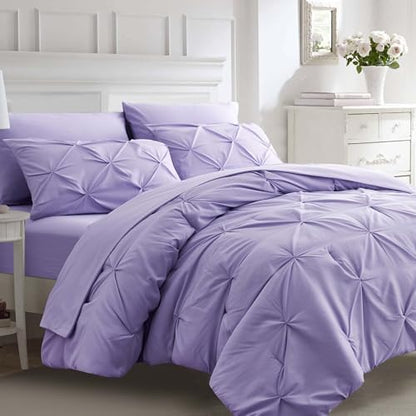 Ubauba Light Purple Queen Size Comforter Set - Bed in a Bag Queen 7 Pieces, Pintuck Beddding Sets Lavender Bed in a Bag with Comforter, Sheets, Pillowcases & Shams, Queen Size