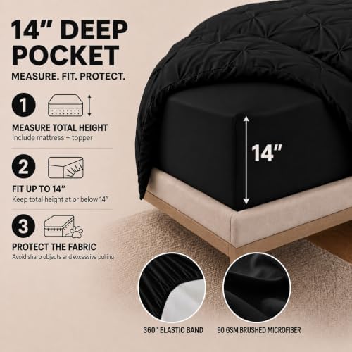 HIMEET Oversized King Comforter Set Black - 7 Pieces Pintuck Bed in a Bag