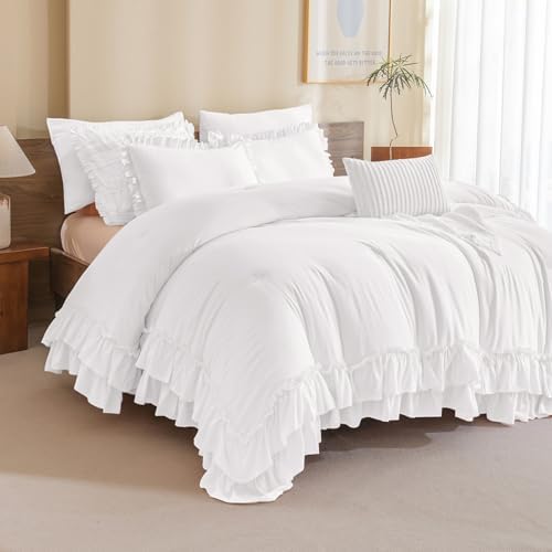 Masaca Ruffle Comforter Full Size,3 Pieces Farmhouse Shabby Boho Chic Bedding Sets Full,Netural White Ruffled Vintage Rustic French Country Bedding Comforter Set for All Season