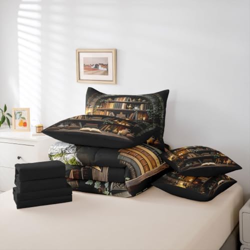 Erosebridal Bookshelf 7 Piece Bedding Set Twin Vintage Rustic Witchy Comforter Set with Sheets Dark Farmhouse Country Books Bed in a Bag Wooden Board Reading Bed Sets Comforter