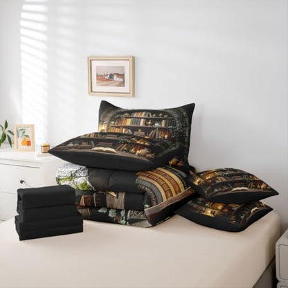 Erosebridal Bookshelf 7 Piece Bedding Set Twin Vintage Rustic Witchy Comforter Set with Sheets Dark Farmhouse Country Books Bed in a Bag Wooden Board Reading Bed Sets Comforter