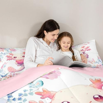 Feelyou Cute Axolotl Comforter Set Toddler Kids Cartoon Salamander Bedding Set for Boys Girls Teens Flower Floral Print Duvet Quilt Kawaii Reptile Animal Ocean Sealife Room Decor