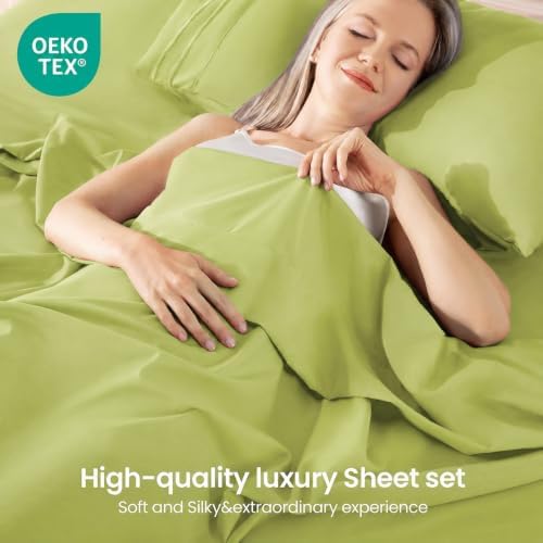 ROSE&RISY Avocado Green Queen Sheet Set, Pre-Washed Cotton-Like Brushed Microfiber, 4 Pcs Super Soft Breathable Cooling Bed Sets,Includes 1 Fitted, 1 Flat, 2 Pillowcases(Avocado Green, Queen)