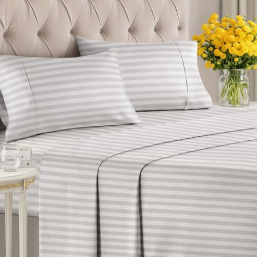 Queen 4 Piece Striped Sheet Set - Soft, Breathable & Cooling - Greyscale