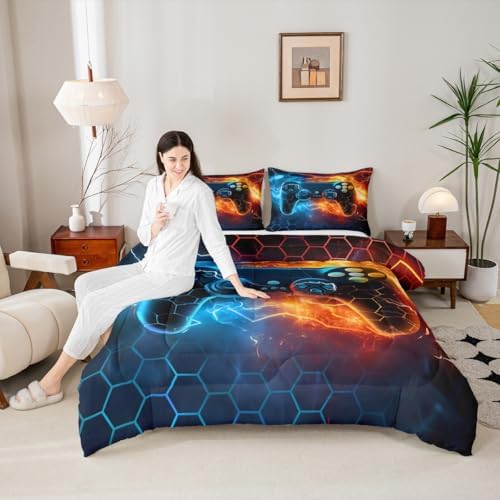 Feelyou Gamer Comforter Set Toddler Size, Gaming Comforter for Kids Boys Girls Light Gamer Bedding Set Game Room Decor Duvet Set 2Pcs