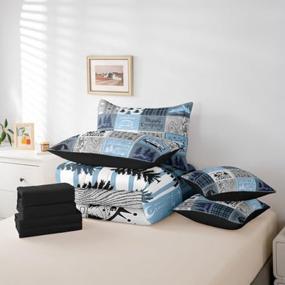 Erosebridal Kids Camper Comforter Set 7 Piece Twin Happy Camping Bed in A Bag Rv Bunk Accessories Bedding for Travel Trailers,Blue Grey Rustic Buffalo Plaid Arrow Pine Tree Bed Set for Boys Girls