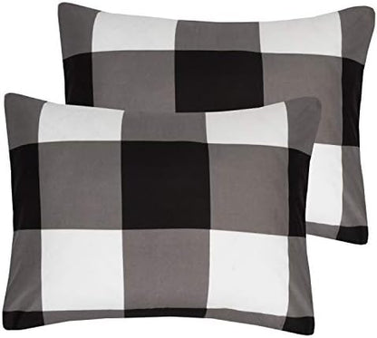 7 Piece Comforter Set Bag Solid Color All Season Soft Down Alternative Blanket & Luxurious Microfiber Bed Sheets, Full, Buffalo Plaid Black/White