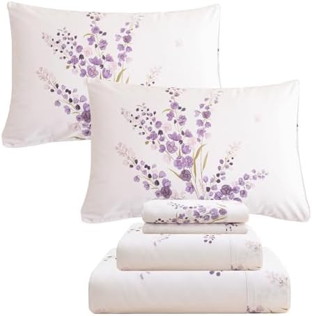 QSH Purple Floral Bed Sheets King Size 100% Egyptian Cotton Lavender Flower Bedding Sheets King Size Bedsheets Sets 17.5" Extra Deep Pocket 4pcs