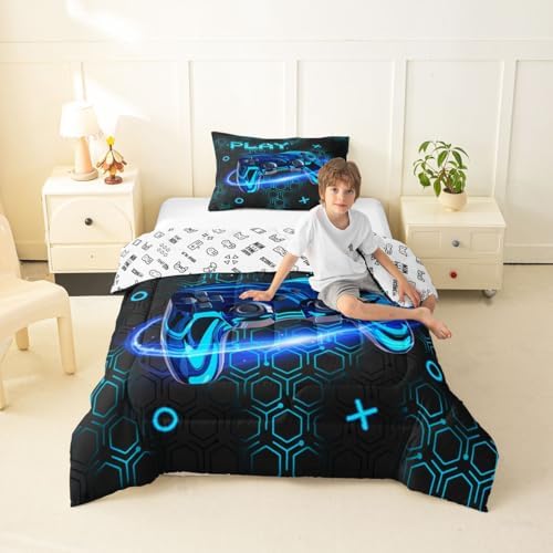 Feelyou Gamer Kids Comforter Set Toddler Size Gaming Bedding Set Game Room Decor Duvet Quilt for Kids Boys Girls Bedroom Gamepad Decor Blue Microfiber Ultra Soft Breathable