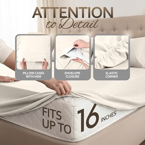 King Sheets Set, 4 Pcs 16" Deep Pocket Hotel Luxury Bed Sheets, Beige