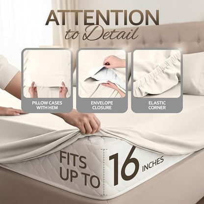 King Sheets Set, 4 Pcs 16" Deep Pocket Hotel Luxury Bed Sheets, Beige