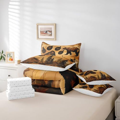 Erosebridal 7 Pcs Brown Bear Bedding Set Twin Bear Paw Print Comforter Set 7 Piece Country Woodland Cabin Lodge Bed in a Bag Farmhouse Hunter Quilt with Flat Fitted Sheet Rustic Forest Animal Decor