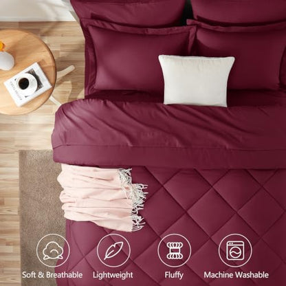CozyLux Full Comforter Set 82"x86" Burgundy - 7 Piece Bed in a Bag