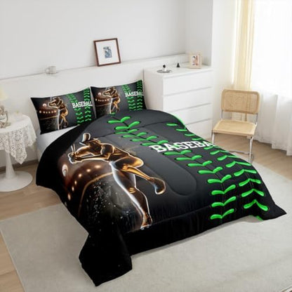 Erosebridal Baseball Bedding Set, Golden Athlete Comforter Set King Size, Sports Games Down Comforter for Kids Boys Girls Bedroom Decor, Glitter Outer Space Duvet Insert for Living Room
