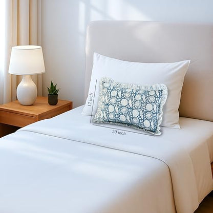 CPC Block Print Blue Meadow Ruffle Cotton Lumbar Pillow Cover 12x20 inch