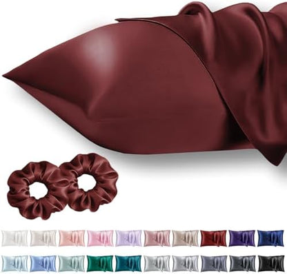 Vielit Standard Satin Pillowcase for Hair 2pc,Similar to Silk Pillow Cases, for Women Men,Burgundy,20x26 & Envelope Closure and 2 Satin Scrunchies