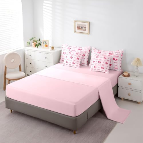 Erosebridal Girly Coquette Bowknot 7 Piece Bedding Set Queen Size Pink 67 Bow Comforter Set for Kids Girls Birthday Gifts,Watercolor Six Seven Bed in A Bag Pink Striped Number 67 Print Bed Set