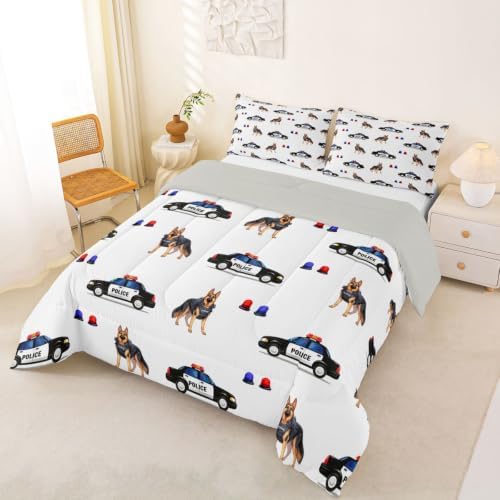 Feelyou Police Car Comforter Set Full Size Dogs Bedding Set for Kids Boys Girls Policeman Vehicle Duvet Quilt Bedroom Decor Microfiber 3 Pcs with 2 Pillow Cases